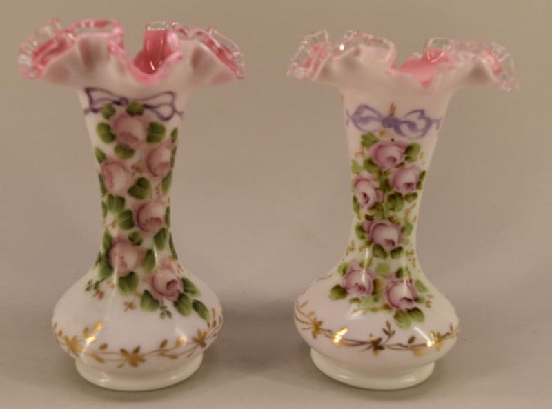 Pair Of Fenton Peach Crest Charleton Vases (1 of 3)