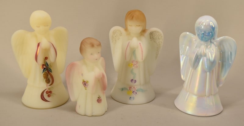 Four Fenton Hand Painted Christmas Angels: Featuring A Group Of Four Fenton Hand Painted Christmas Angels, Three In Satin Glass And One In Blue And White Opaline. Three Measuring 6" Tall And One Measuring 4 1/2" Tall, All Are In Good Condition