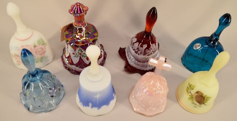 Eight Fenton Glass Bells: Featuring Eight Different Fenton Glass Bells In Various Colors And Occasions. Many Are Christmas Bells Painted In Snow, Holly, Musical Bethlehem And More.