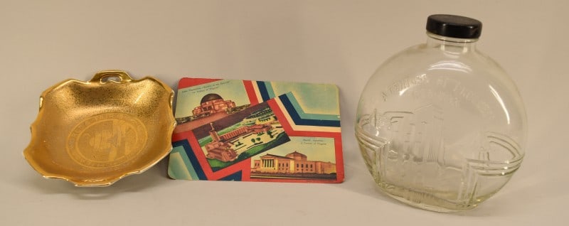 1933 Century Of Progress World's' Fair Souvenirs: Featuring The 1933 Century Of Progress Water Bottle, Gold Gilt Pickard Style Candy Dish And Sewing Needles In Original Envelopes. All Are In Good Condition.