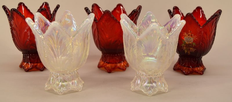 Five Fenton Tulip Votive & Candle Holder: Featuring A Pair Of Fenton Tulip Opalescent Votive And Candle Holder. As Well As A Pair Of Red Tulip Votive And Candle Holder. Together With A Single Red Hand painted Fenton Tulip Votive And Candle Ho