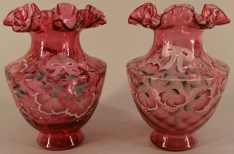 Pair Of Fenton Cranberry Blossoms & Bows Vases: Featuring A Pair Of Fenton Cranberry Blossoms & Bows Vases, Measuring 7" Tall And 5" Across. Signed By D. Anderson And Bev Cumberledge, Both Are Numbered 415/950 And 776/950.