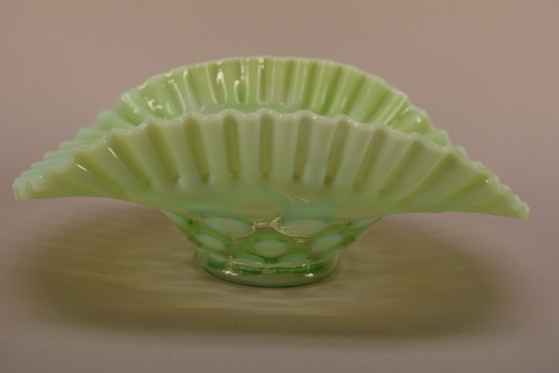 Fenton Green Opalescent Coin Dot Bowl: Featuring The Fenton Green Opalescent Coin Dot Bowl, Uranium Glass. Measuring 3 1/2" Tall And 10" Across, Good Condition, No Nicks, Chips Or Cracks.