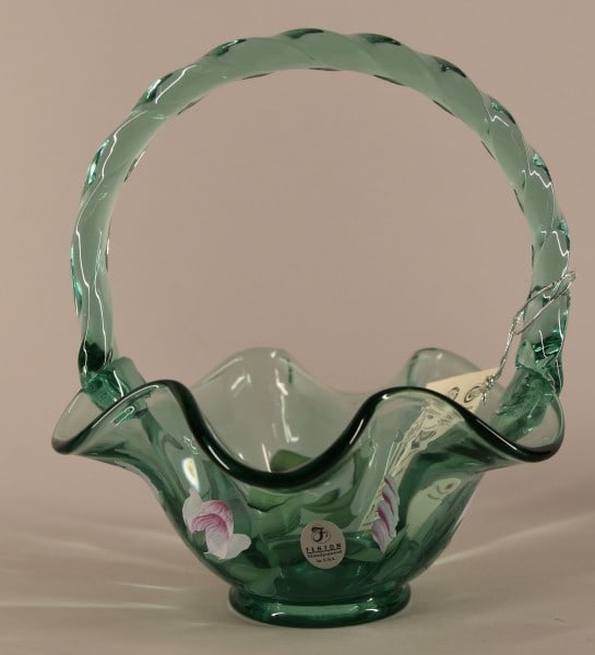 Fenton Vining Garden Hand Painted Basket: Featuring The Fenton Vining Garden Sea Mist Green Hand Painted Basket By M. Olmstead. Measuring 7" Tall And 6 3/4" Across, In Good Condition With Original Tags.