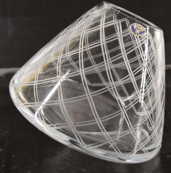 Bohemia Cut Crystal Tilted Vase: Featuring A Bohemia Cut Crystal Leaded Glass Vase With A Tilted Base. Measuring 7" Tall And 8" Across. In Good Condition, With The Original Foil Label.