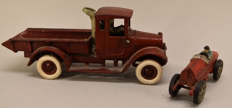 Cast Iron Red Baby Truck & Race Car (1 of 3)