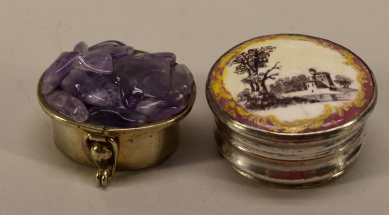 Antique Silver Plated Snuff Box: Featuring A Small Silver Plated Snuff Box With A Transfer Of A Castle Scent. Has A Cork Underside Of The Lid. Together With A Mexico Alpaca Pill Box With Amethyst Cluster On The Lid.