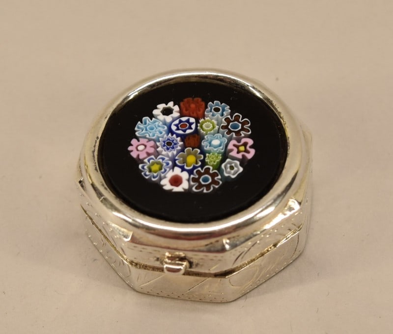 Murano? Millefiori Sterling Silver Pill Box: Featuring A Sterling Silver Pill Box, With Millefiori Decorating The Top. Marked 925 Inside, Measuring 1/2" Tall And 1 1/4" Across. Very Good Condition.
