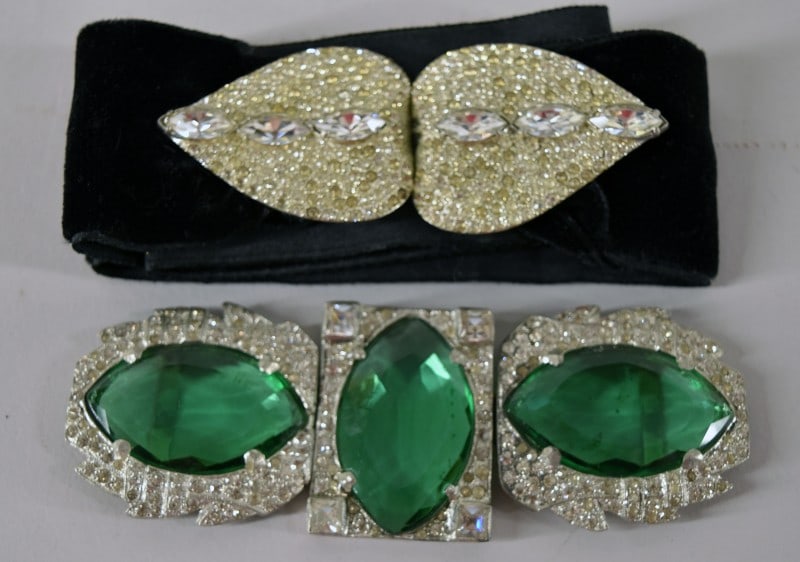 Vintage Rhinestone Dress Or Ribbon Buckles: Featuring A Large Green Center Stone Surrounded By Rhinestone Three Piece Buckle, Measuring 5 1/2" Long And 2" Wide. Together With A Rhinestone Buckle On A Velvet Ribbon, Measuring 4" Long And 2" Wide