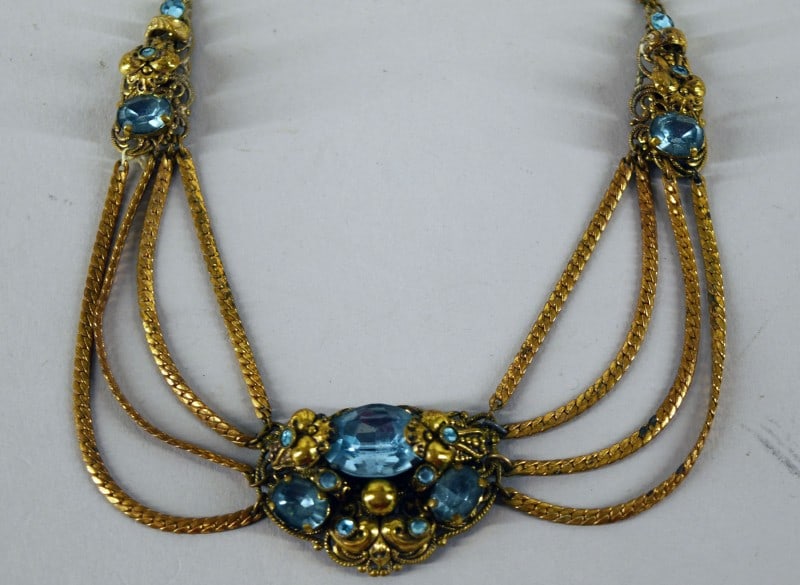 Victorian Revival Czechoslovakian Necklace: Featuring A Vintage Czech Necklace With A Center Pendant In Teal Blue In The Victorian Revival Style, Measuring 17" Long, The Center Pendant Measure 2" Wide And 1" Long. Marked Made In Czechoslovakia,