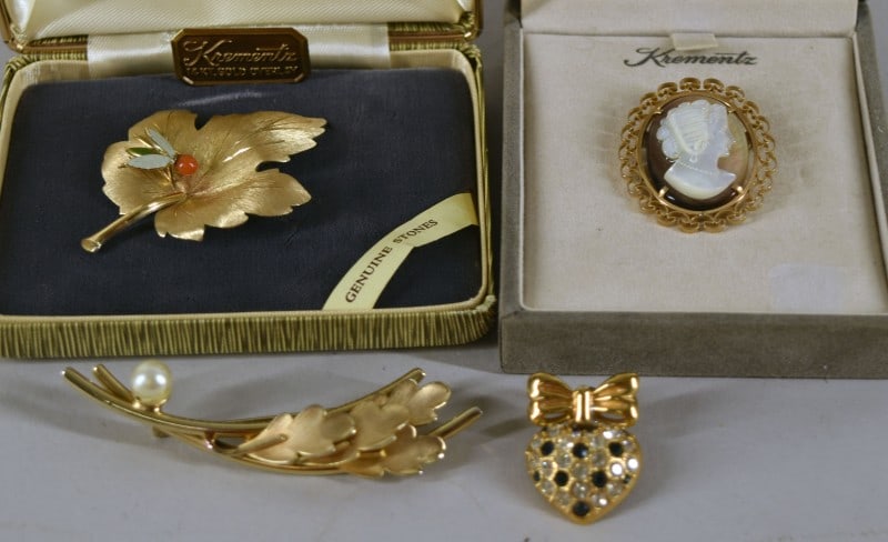 Vintage Krementz 14k Gold Overlay Brooches: Featuring The Vintage Krementz Leaf For Pin And Abalone & Mother Of Pearl Cameo Pin, Both 14k Overlay In The Original Boxes With Care Instructions. Together With A Rhinestone Heart Krementz Pendant An