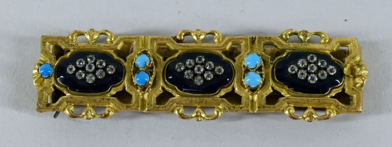 Victorian Ribbon Belt Buckle Rhinestone Enamel: Featuring Gold Gilt Scarf, Shawl Or Belt Buckle With Enamel & Rhinestones. Measuring 3" Long And 1" Wide, Missing One Blue Stone On The End, Otherwise Good Condition.