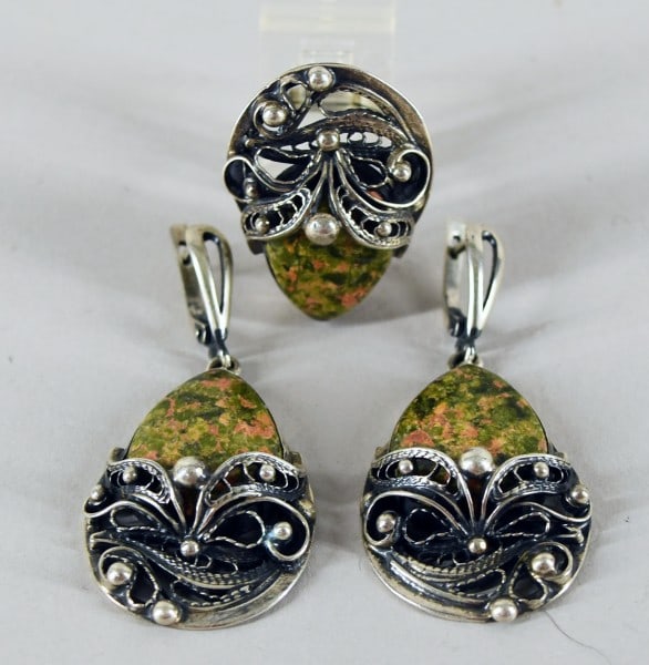 Handcrafted Sterling With Unakite Jasper Set: Featuring A Set Of Handcrafted Earrings And Ring With Filigree Work And Unakite Jasper. The Ring Is Size 7 1/2 Measuring 1 1/4" Long. The Earrings Are Pierced Measuring 2" Long And 1" Wide. Tested Sil
