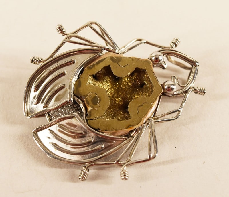 Russian Happiness Beetle Ammonite Pendant: Featuring A Russian Happiness Beetle Pendant In Stainless Steel And Ammonite Natural Stone. The Pendant Can Be Used On A Necklace Or As A Pin, Measuring 2" Long, In Excellent Condition. No Hallmarks F