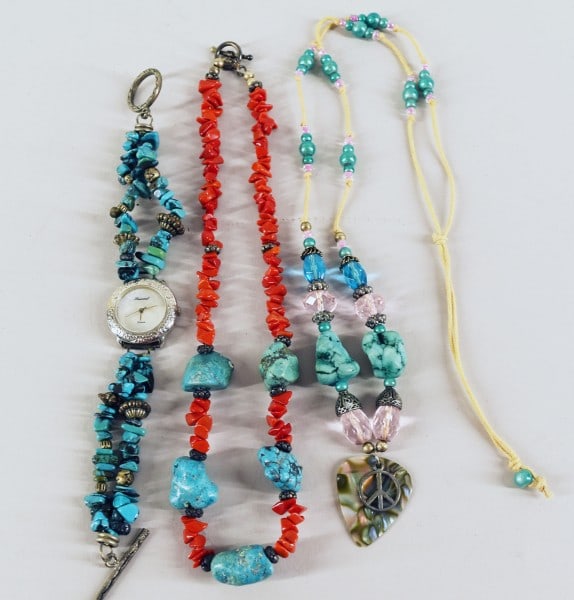 Turquois Beaded Stone Necklaces: Featuring A Beaded Necklace With Turquoise Stones, Pink & Blue Glass Beads With A Peace Sign Charm. Together With A Navajo Turquoise Nuggets And Red Coral Beads And Native American Turquoise Watch Bra