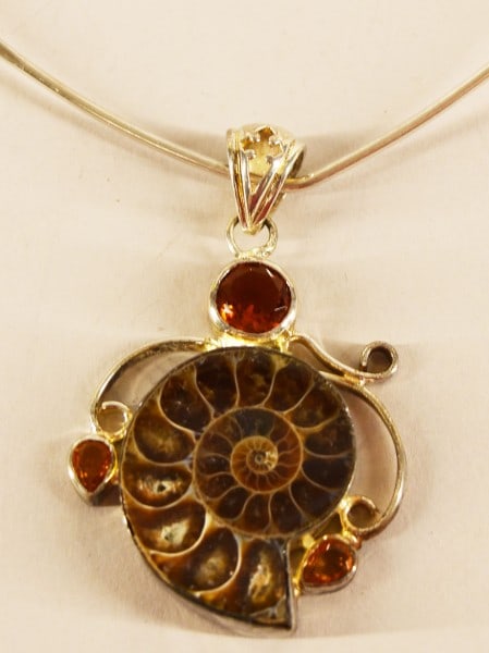 Sterling Silver Ammonite Fossil Pendant: Featuring A Sterling Silver Ammonite Fossil & Citrine Pendant. Marked 925 On The Back Of The Pendant, Measuring 2 1/2" Long And 1 1/2" Wide. The Choker Necklace Measures 15 1/2" Around, Tests Silver B