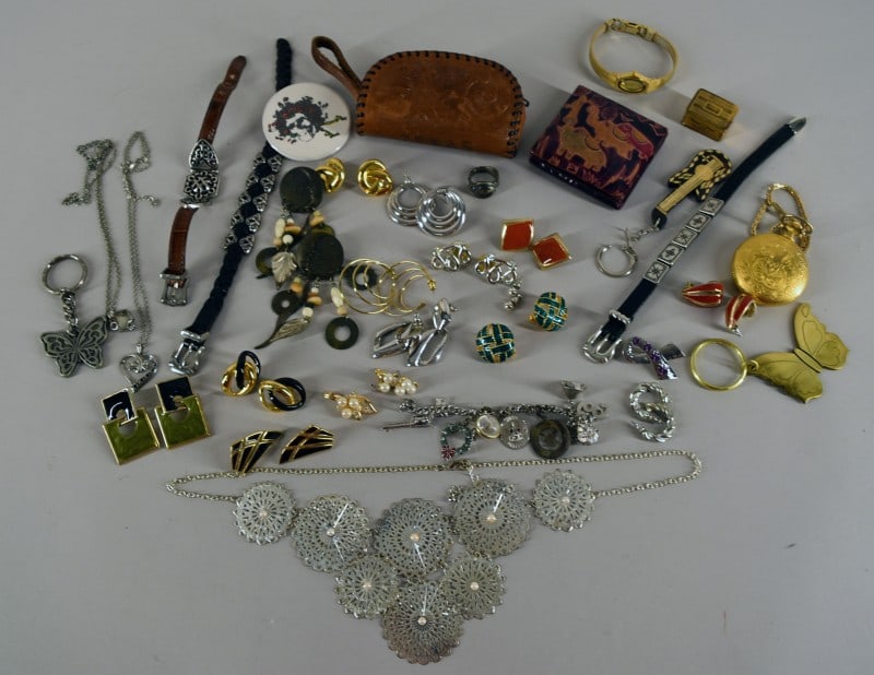 Collection Of Costume Jewelry: Featuring Pins, Necklaces, Watches, Bracelets, Earrings Etc.