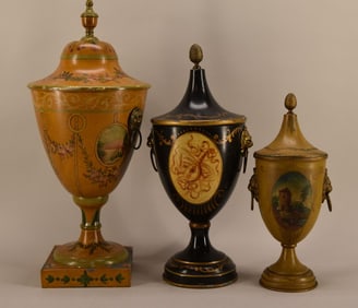 French Hand Painted Tole Urns