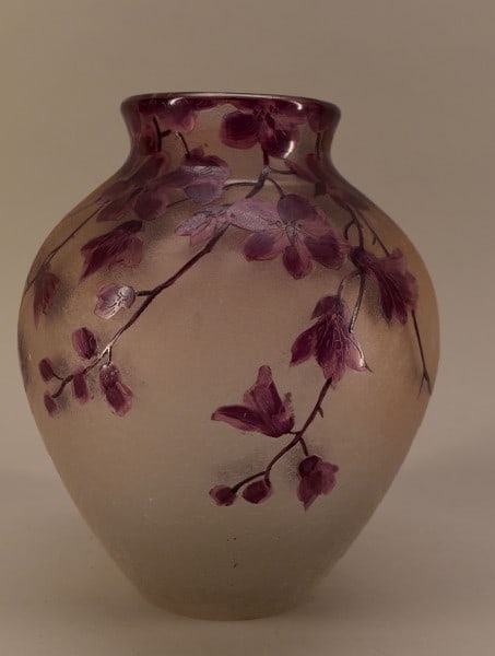 Legras Ovington New York Cameo Glass Vase: Featuring An Acid Etched Floral Decoration Of Cherry Blossoms In Magenta Colors And A Frosted Background. Measuring 8 1/2" Tall And 7" Across, In Good Condition. The Style Of The Vase Is Part Of The L