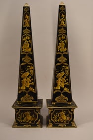 Pair Chinoiserie Decorated Tole Peinte Obelisks