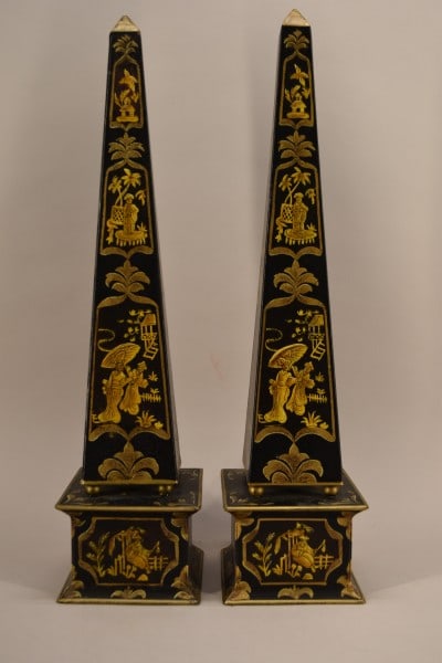 Pair Chinoiserie Decorated Tole Peinte Obelisks (1 of 5)