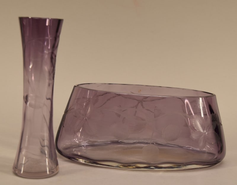 Moser?  Intaglio Cut Art Glass Amethyst Vases (1 of 3)