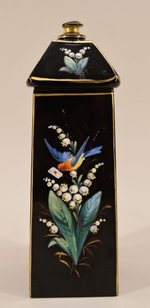 Black Amethyst Glass Covered Jar: Featuring A Late 1800's Early 190''s Black Amethyst Glass Covered Square Jar With Lid, Extensively Decorated With Floral & Bird Enamel. The Covered Jar Measures 10" Tall, 3 1/4" Square Bottom, Taperin