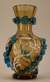 Moser Or Harrach Uranium Glass Enameled Vase
