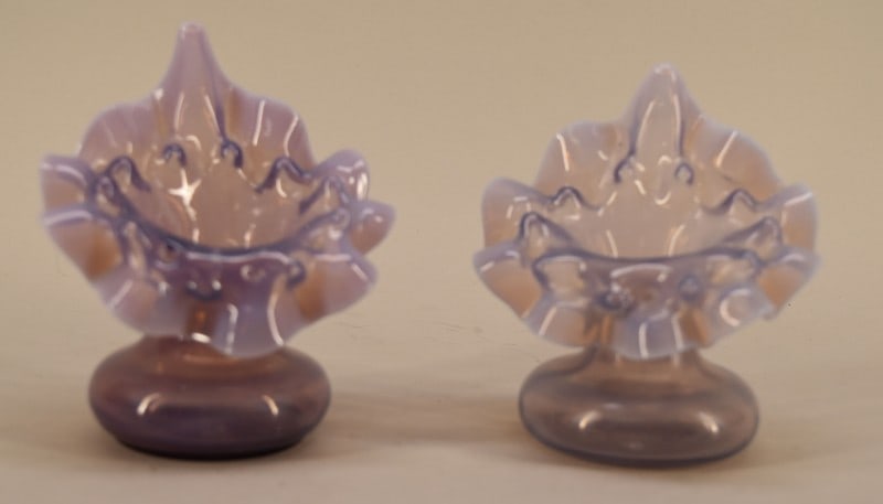 Antique Lilac Opalescent Jack In The Pulpit Vases: Featuring A Pair Of Rare Antique Lilac Opalescent Jack In The Pulpit Vases. Measuring 4 3/4" Tall And 4" Across, Both In Very Good Condition, No Nicks, Chips Or Cracks. Both Glow Bright Green Under A