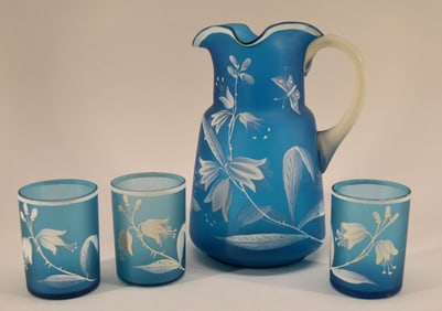 Blue Florentine Cameo Glass Pitcher & Tumblers