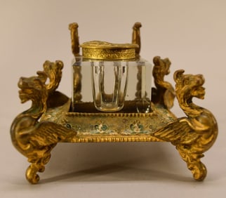 French Champleve Enameled Gilt Bronze Inkwell