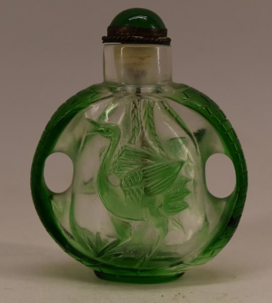 Chinese Green Peking Glass Snuff Bottle: Featuring A Snuff Bottle Made Of Clear Glass Overlaid With Carved Green Glass Depicting Birds. The Bottle Features Two Holes On The Sides Possibly For Attach A Cord. Measuring 2 1/2" Tall And 2" Acros