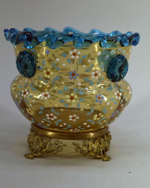 Bohemian Uranium Glass Enameled Bowl (1 of 4)