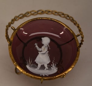 Antique French Hand Painted Amethyst Glass Bowl