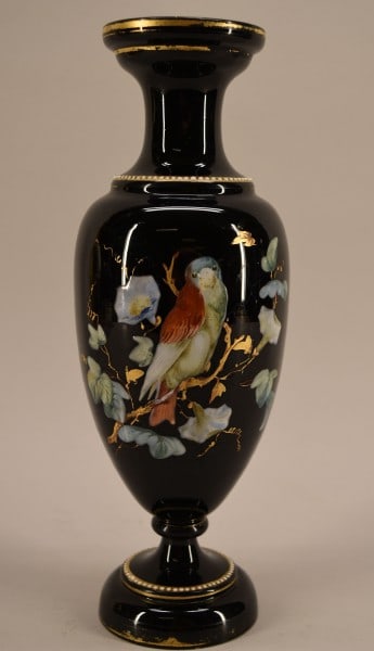 Victorian Black Amethyst Glass Enamel Bird Vase (1 of 4)