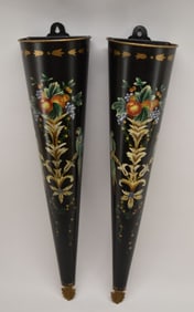 Pair Of Tole Black Hand Painted Wall Pockets