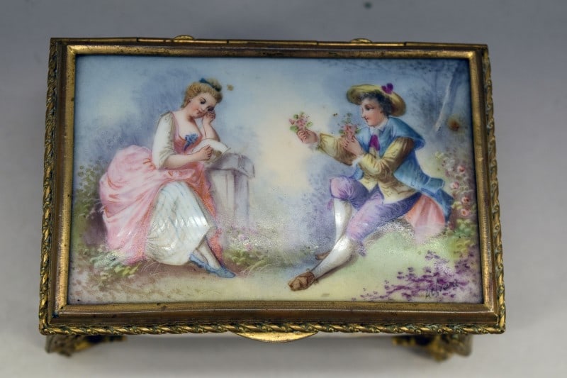 French Porcelain Gild Bronze Jewelry Casket: Featuring A Gild Bronze And Painted Porcelain French Jewelry Casket, Attributed To Sevres. Hand Painted And Signed On The Top Lefrare On The Top Panel. Each Panel Is Individually Hand Painted Depictin