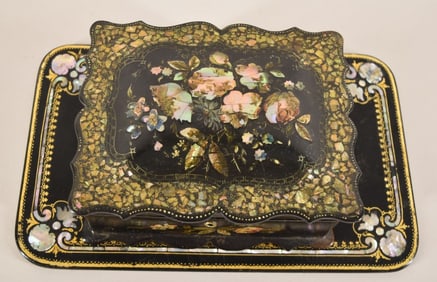 Victorian Black Lacquer Paper Mache Sewing Box