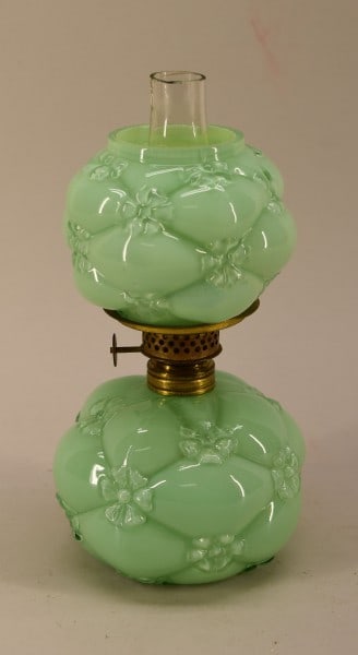 Green Quilted Phlox Miniature Lamp Northwood: Featuring A Quilted Phlox Miniature Lamp, Cased Green With Light Opalescence. The Matching Pattern Ball Form Opalescent Shade, Period Collar With Patent Information, Northwood Glass Company. Fitted Wi