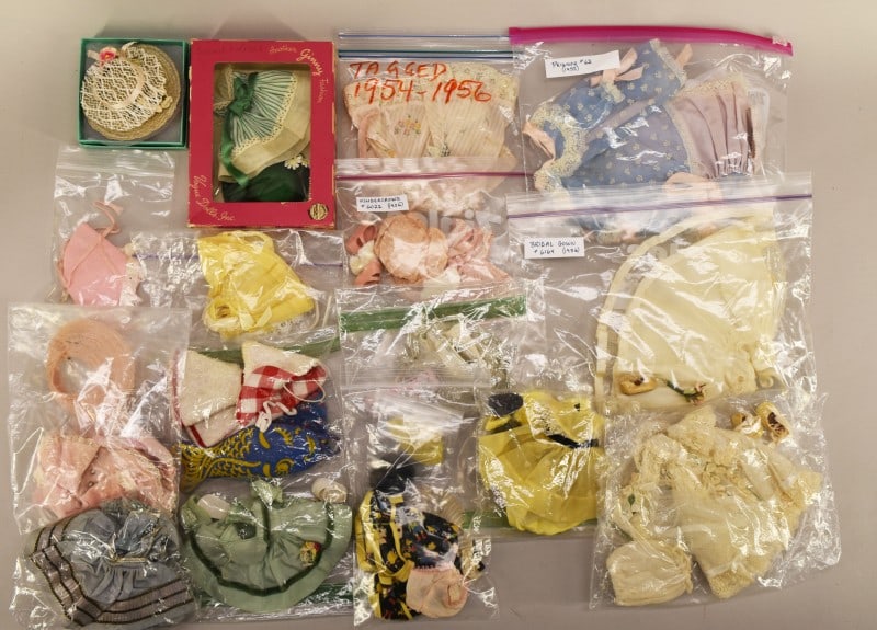 Selection Of Vogue Doll Original Clothing: Featuring A Large Group Of Vogue Doll Clothing With The Original Tags. Many From The 1950's, Including Shoes, Under Garments And Hats.