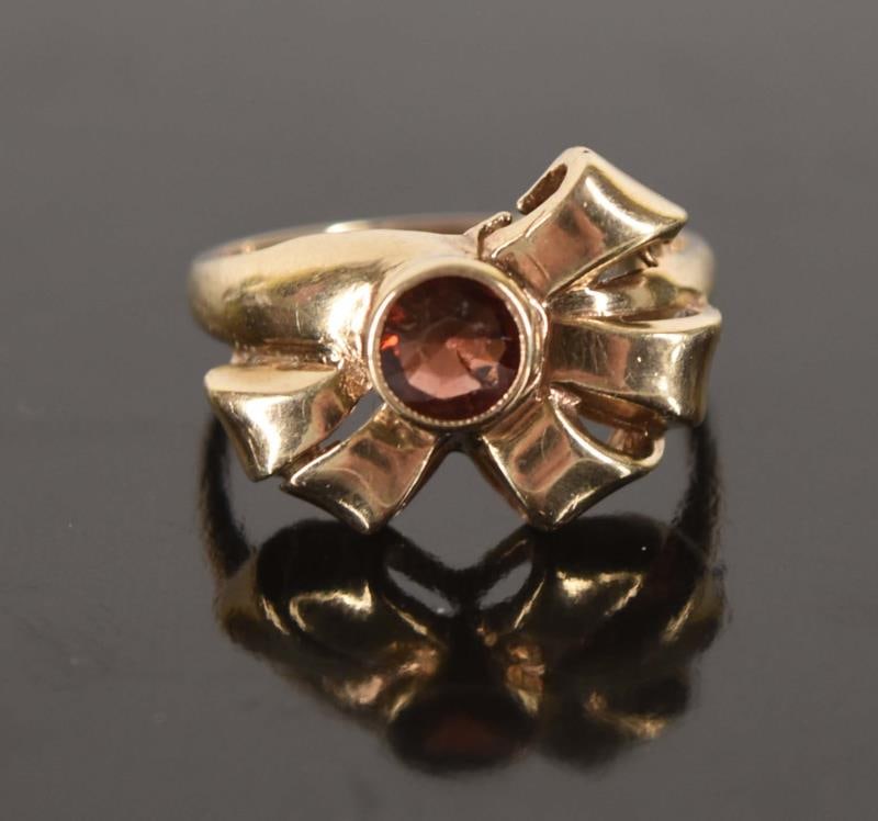 Antique 10k Yellow Gold & Garnet Ribbon Ring (1 of 5)