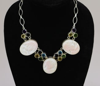 Sterling Silver Cameo & Gemstone Necklace