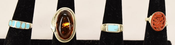 Four Silver Turquoise & Amber Rings
