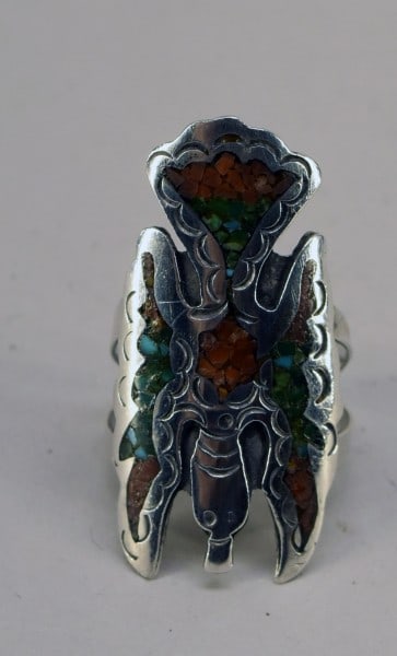 Frederick Chavez Navajo Peyote Bird Ring: Featuring A Frederick Chavez Navajo Peyote Bird Ring , With Inlaid Turquoise And Coral, Size 9. Good Condition, No Missing Stones, Tested Silver But Unknown Purity.