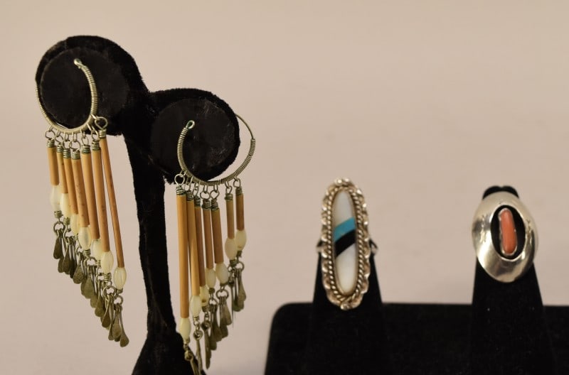 Zuni & Navajo Native American Rings: Featuring A Navajo Silver And Coral Ring, With The Red Coral Stone Set In A Shadowbox Frame, Size 7. Together With A Zuni Mosaic Inlay Of Turquoise, Mother Of Pearl And Onyx Ring, Size 6.5. Both Teste