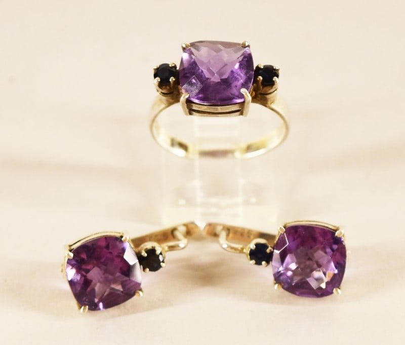 Sterling Amethyst And Spinel Ring & Earrings: Featuring A Matching Set Of Sterling Silver Earrings And Ring With A Center Cushion Cut Amethyst And Small Round Spinel Accent Gems. The Ring Is A Size 8, Marked 925.