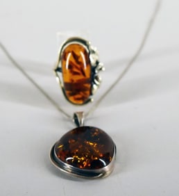 Sterling & Amber Ring & Necklace
