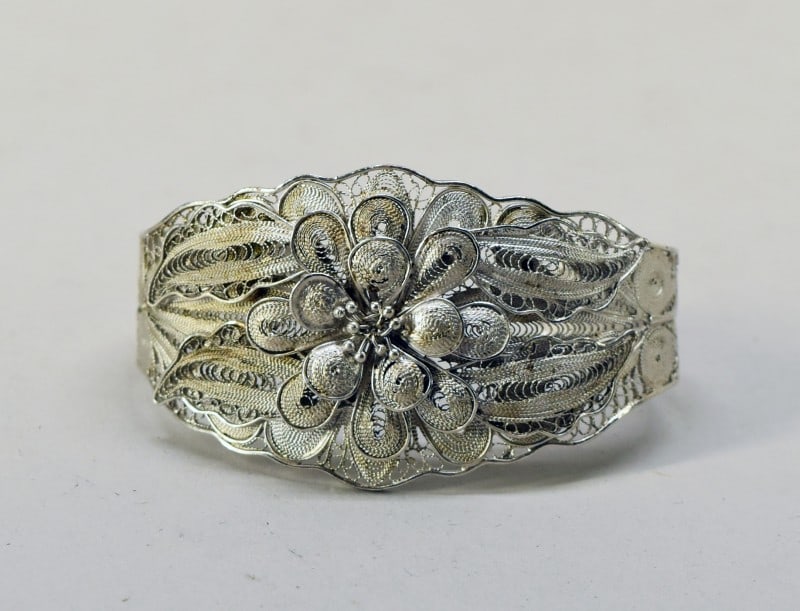Sterling Silver Filigree Bracelet: Featuring A Sterling Silver Filigree Floral Cuff Bracelet. 24.9g