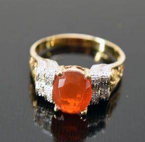 14k Yellow Gold Fire Opal & Diamond Ring