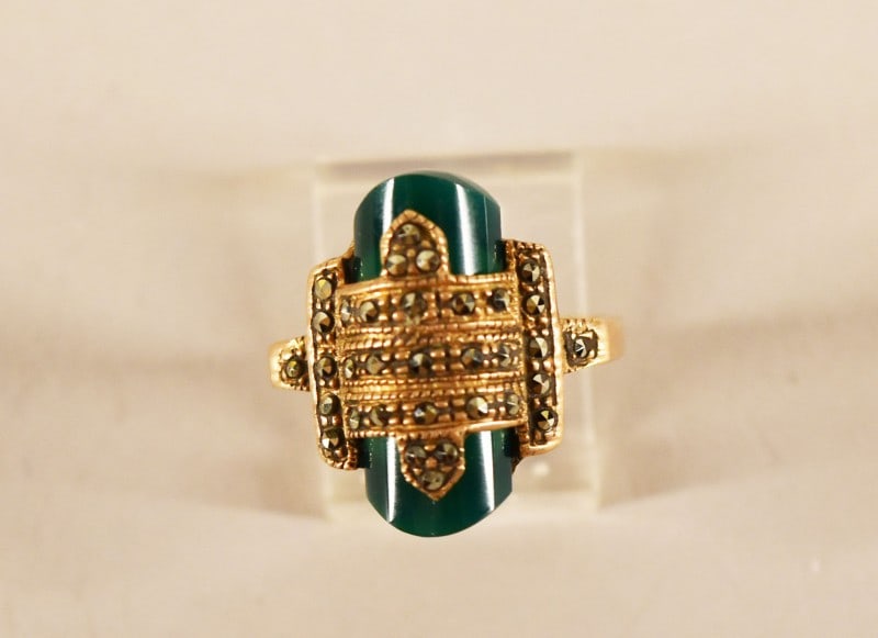 Art Deco 10k Yellow Gold Marcasite & Jadeite Ring (1 of 4)